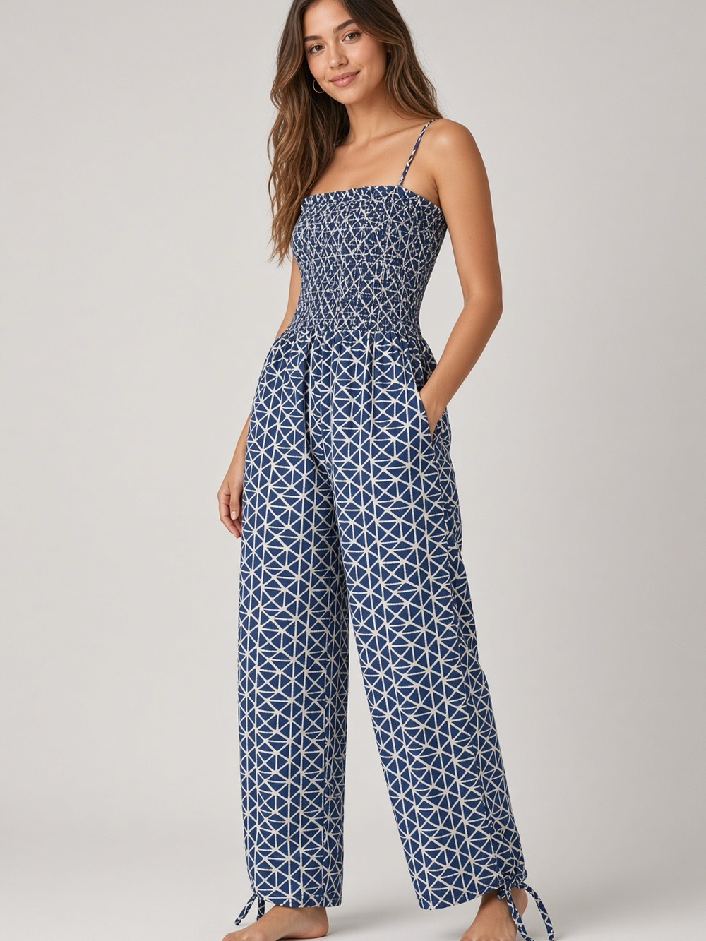 RIP CURL Women's Blue/White Geometric Smocked Strapless Jumpsuit Size S